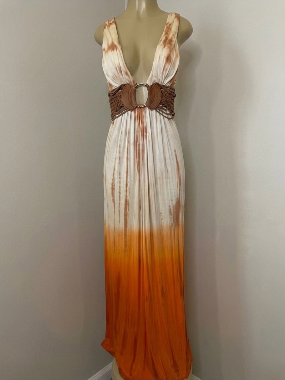 SKY Dress Maxi V-neck Empire Waist Tie Dye Ombre Raw Leather Trim